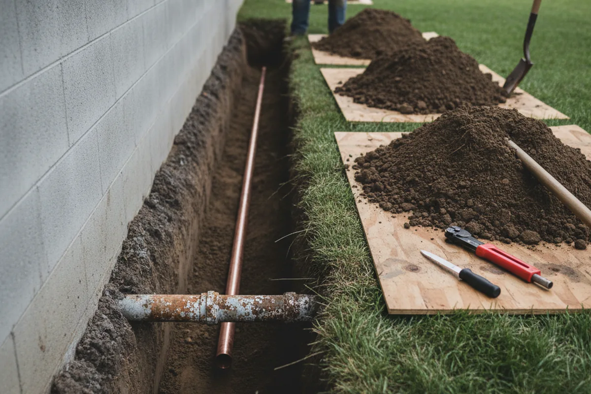 Excavated water line trench during Sewer Line Repair in Smithland